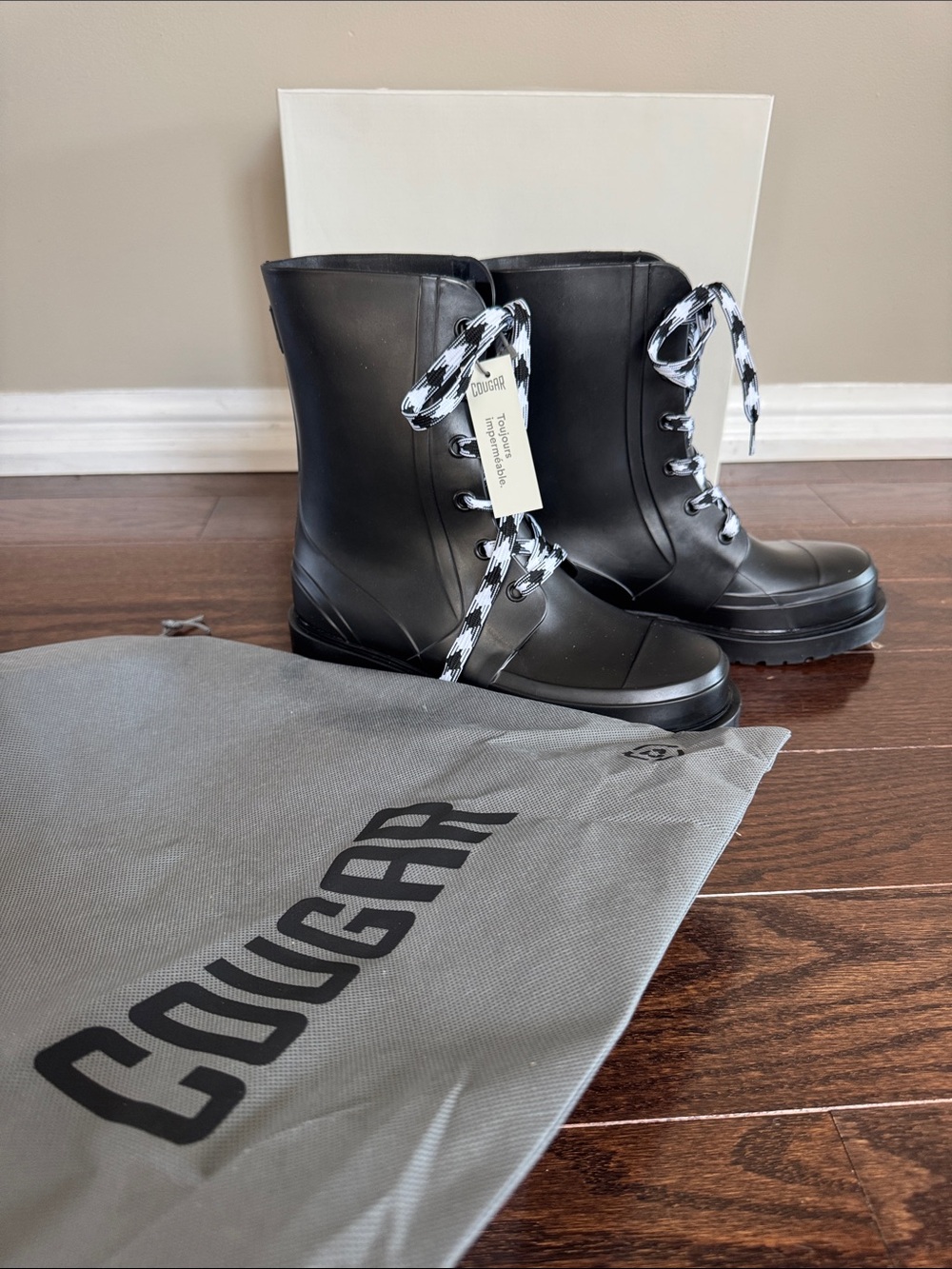 New Cougar Madrid Black Lace-Up Waterproof Rain Boots with Patterned Laces